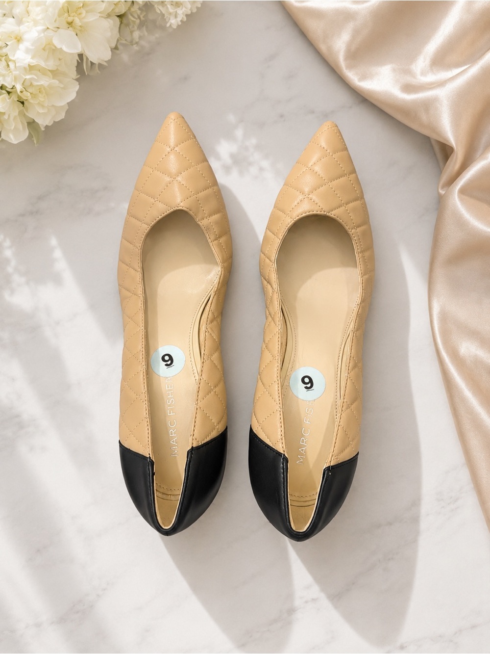 Marc Fisher Quilted Two-Tone Block Heel Pump in Tan & Black